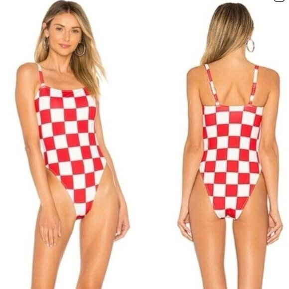 Solid & Striped RE/DONE Malibu Red White Check Retro Hi-Cut Swimsuit - Picture 1 of 5